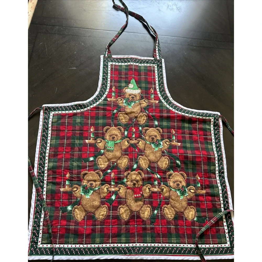 Christmas Teddy Bear Quilted Apron  Red/Green/White Holiday Baking Cooking